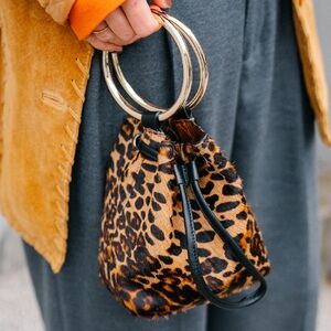 Maison Boinet Ponyhair Leopard Drawstring  Brown Bucket Bag Crossbody Handbag